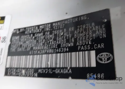 2008 Toyota Camry Solara Sle z USA, uszkodzony, nr VIN 4T1FA38P48U146394